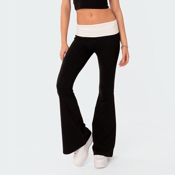 Edikted Black White Contrast Fold Over Low Rise Flare Leggings XL - Picture 1 of 8